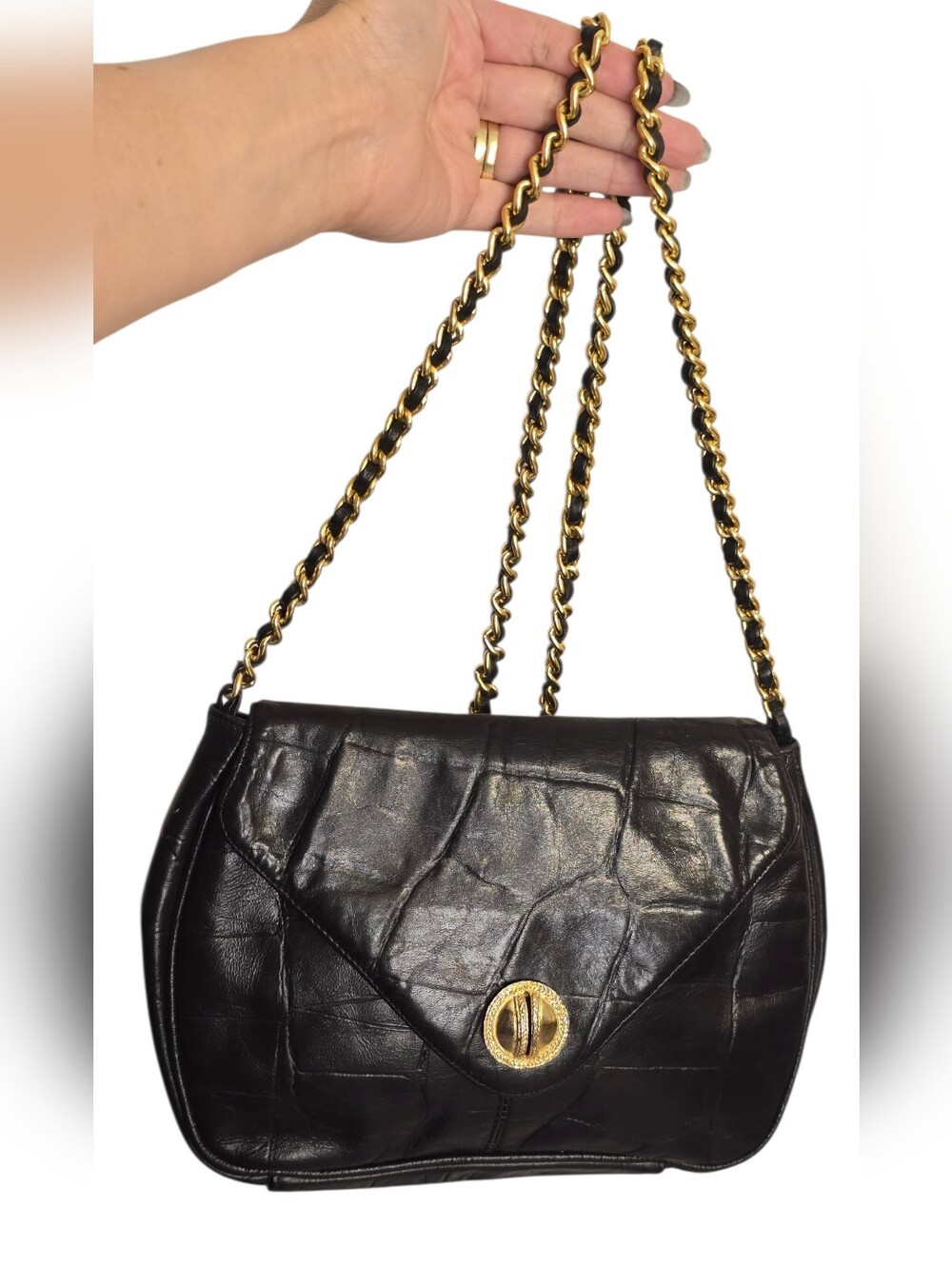 Genuine Black Leather Chain Crossbody Bag with Gold Hardware